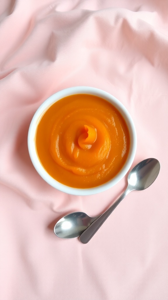 Simple Vegetable Puree for 6-Month-Olds Smooth vegetable puree in a bowl with a spoon, made from carrots and sweet potatoes.